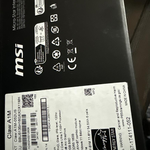 MSI Claw A1M - 512 GB, Black, 16 GB, Intel Core Ultra 7