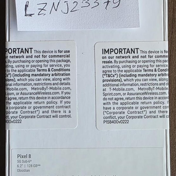 Google Pixel 8 - T-Mobile, 128 GB, Obsidian, 8 GB, G9BQD, Sub-6 5G