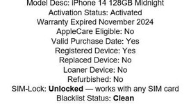 Mint
													Apple iPhone 14 - Unlocked, Midnight, 128 GB, A2649, photo 1 of 9