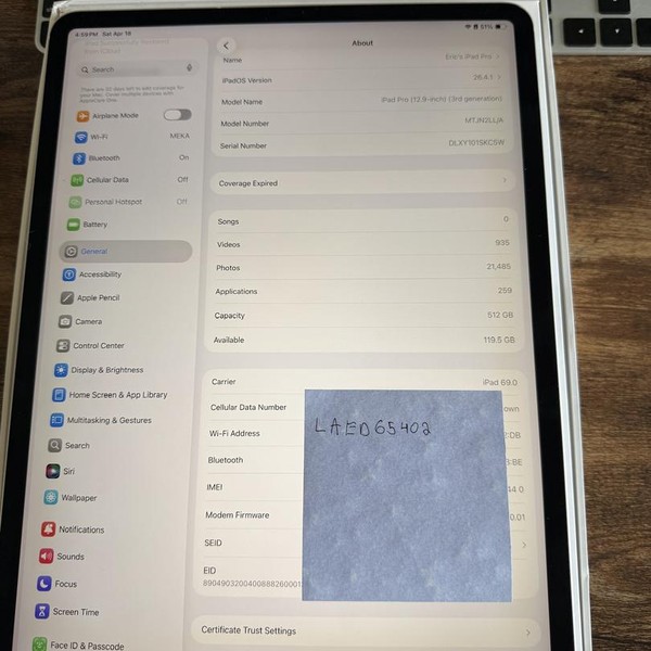 Apple iPad Pro 12.9 inch 3rd Gen 2018 - Unlocked, 512 GB, Silver, A2014