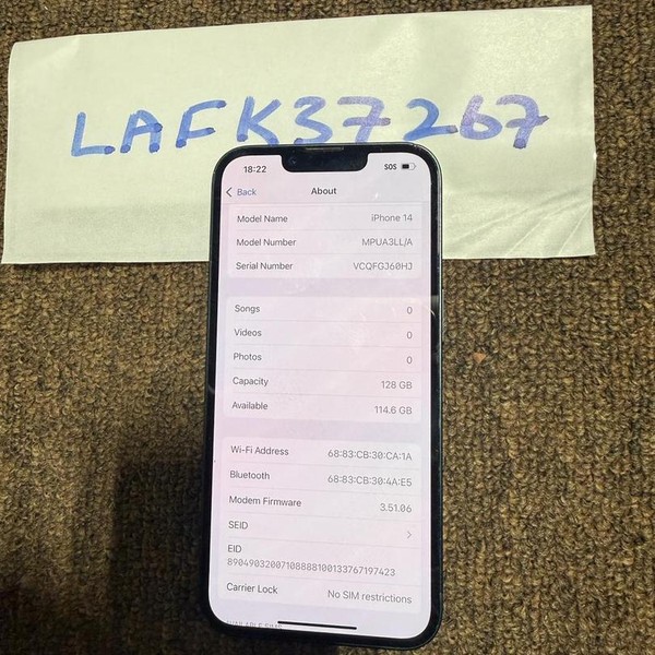 Apple iPhone 14 - Unlocked, 128 GB, Midnight, A2649