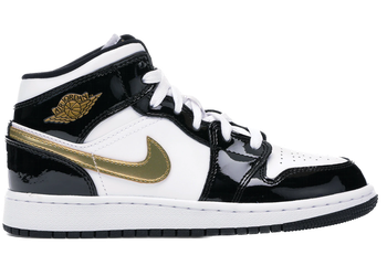 Jordan 1 Mid Patent Black White Gold (GS) for sale