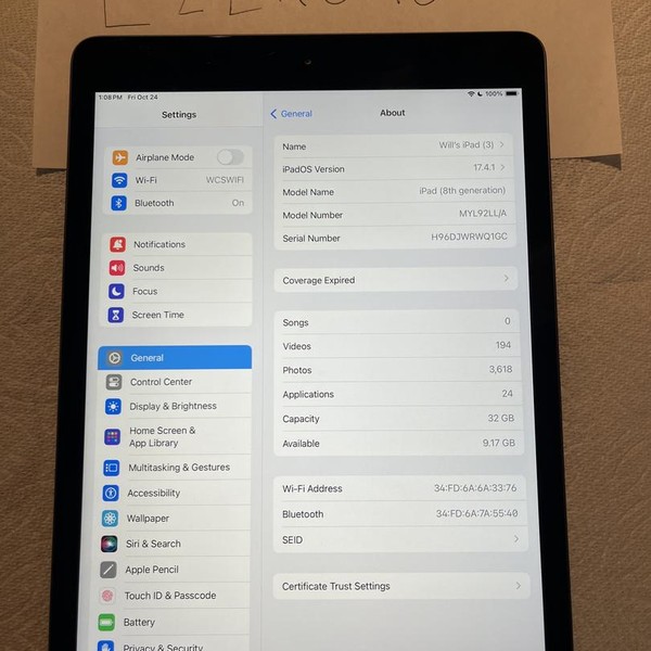 Apple iPad 8th Gen - Wi-Fi, 32 GB, Gray, A2270