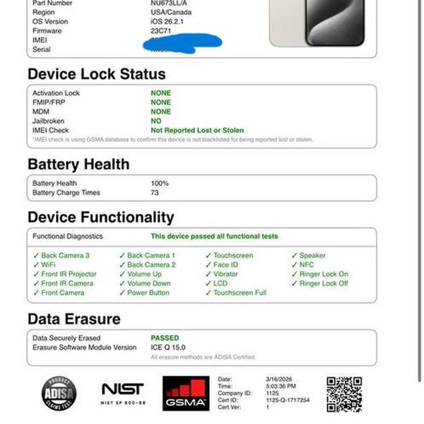 Apple iPhone 15 Pro Max - Unlocked, 256 GB, White, A2849