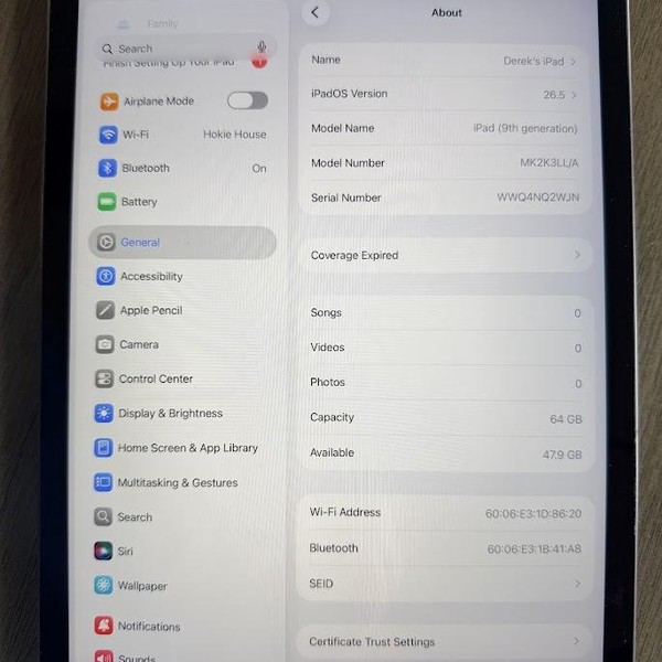 Apple iPad (9th Gen) - Wi-Fi, 64 GB, Gray, A2602