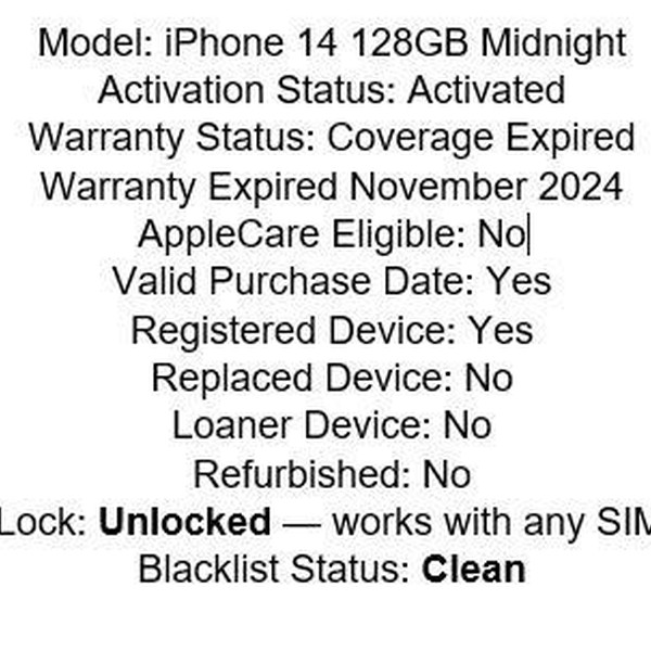 Apple iPhone 14 - Unlocked, 128 GB, Midnight, A2649