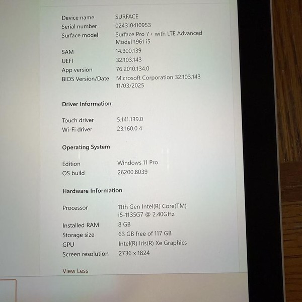 Microsoft Surface Pro 7 Plus - 128 GB, Platinum, 8 GB, Intel Core i5, LTE