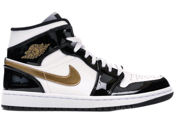 Jordan 1 Mid Patent Black White Gold for sale