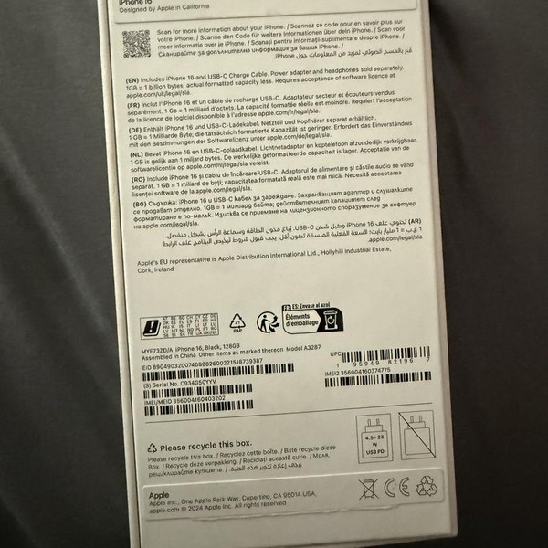 Apple iPhone 16 - Unlocked Non-US, 128 GB, Black, A3287