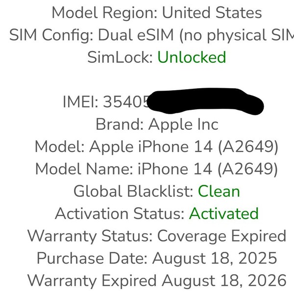 Apple iPhone 14 - Unlocked, 128 GB, Midnight, A2649
