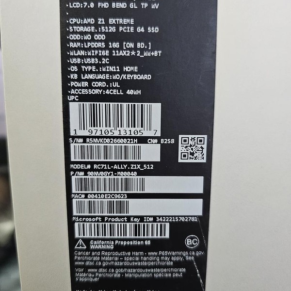 Asus ROG Ally 7 inch - 512 GB, White, 16 GB, AMD Ryzen Z1 Extreme, Ryzen Z1 Extreme