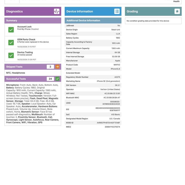 Apple iPhone SE 2nd Gen 2020 - Unlocked, 64 GB, White, A2275