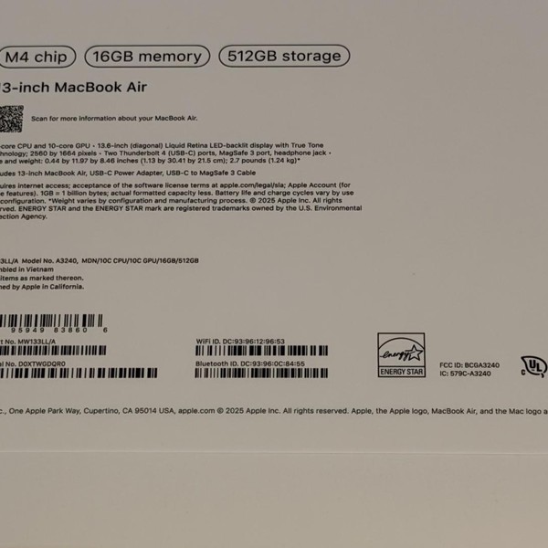 MacBook Air 2025 (M4) - 13 inch - 512 GB, Midnight, 16 GB, Apple M4