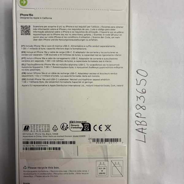 Apple iPhone 16e - Unlocked Non-US, 128 GB, Black, A3409