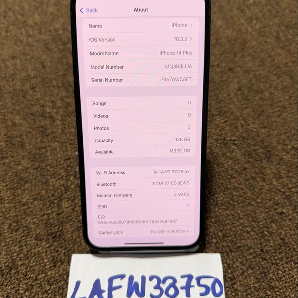 Apple iPhone 14 Plus - Unlocked, 128 GB, Midnight, A2632