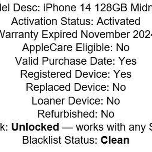 Apple iPhone 14 - Unlocked, 128 GB, Midnight, A2649