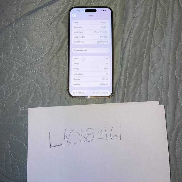 Apple iPhone 14 Pro Max - AT&T, 256 GB, Gold, A2651