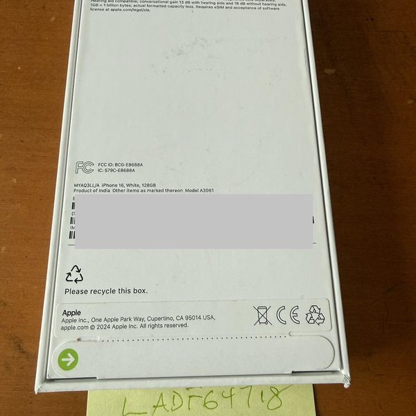 Apple iPhone 16 - Verizon, 128 GB, White, A3081