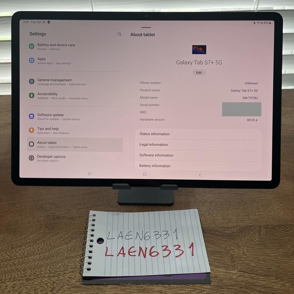 Samsung Galaxy Tab S7 Plus - Unlocked, 128 GB, Mystic Black, 6 GB, SM-T978U1, 5G