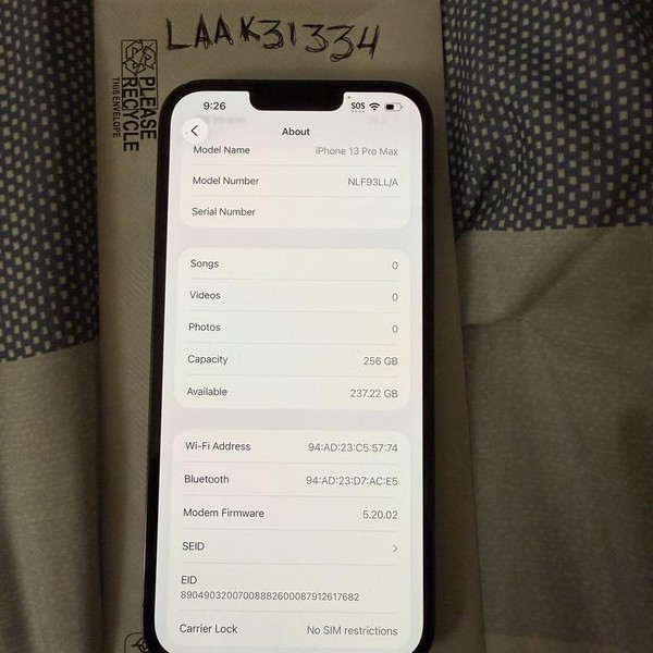 Apple iPhone 13 Pro Max - Unlocked, 256 GB, Sierra Blue, A2484