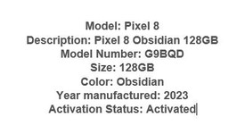 Good
													Google Pixel 8 - T-Mobile, Obsidian, 128 GB, 8 GB, G9BQD, Sub-6 5G, photo 1 of 17