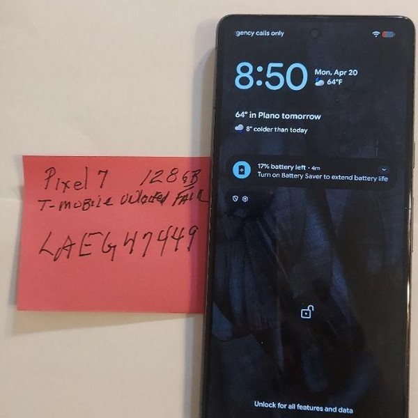 Google Pixel 7 - T-Mobile, 128 GB, Obsidian, 8 GB, GVU6C, Sub-6 5G