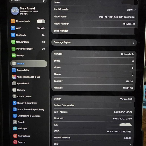 Apple iPad Pro 12.9 inch 5th Gen 2021 - Verizon, 128 GB, Silver