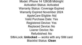 Good
													Apple iPhone 14 - Unlocked, Midnight, 128 GB, A2649, photo 2 of 7