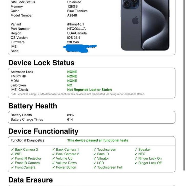 Apple iPhone 15 Pro - Unlocked, 128 GB, Blue, A2848