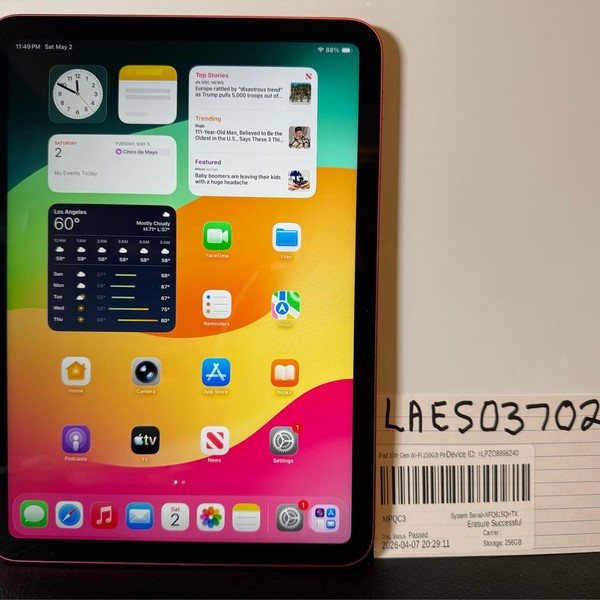 Apple iPad (10th Gen) - Wi-Fi, 256 GB, Pink, A2696