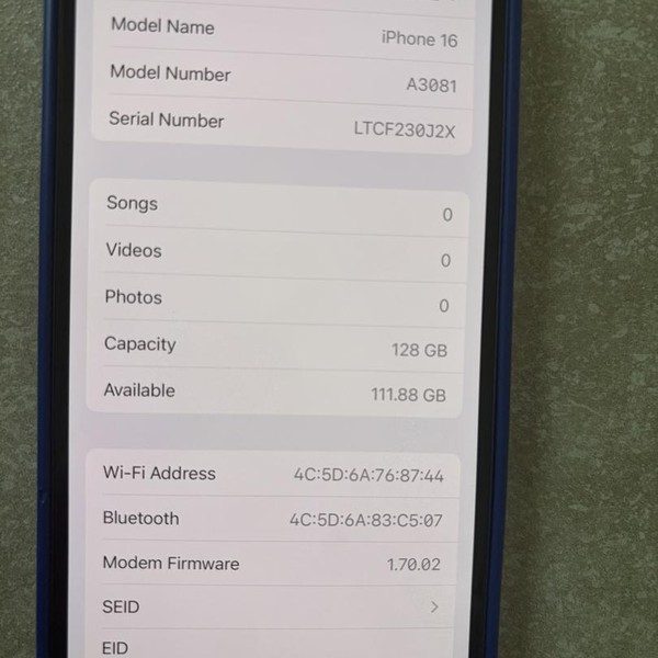 Apple iPhone 16 - Verizon, 128 GB, Ultramarine, A3081
