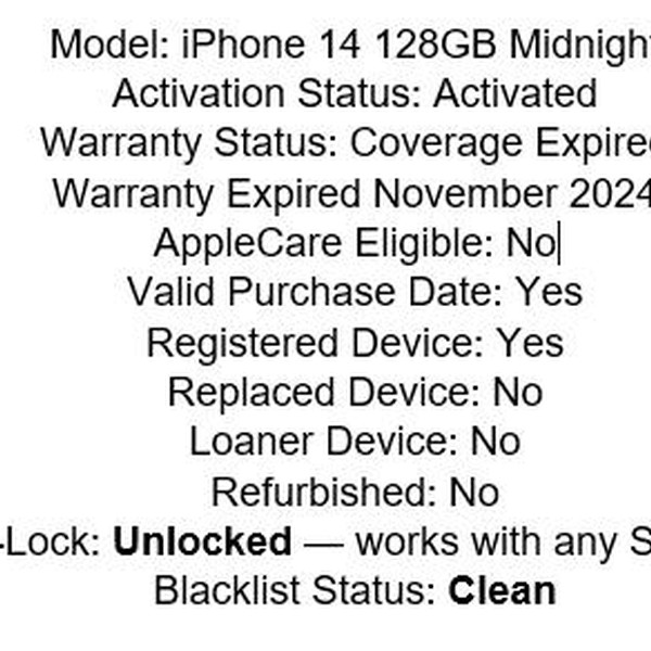 Apple iPhone 14 - Unlocked, 128 GB, Midnight, A2649