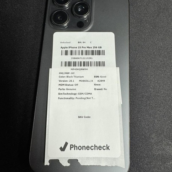 Apple iPhone 15 Pro Max - Unlocked, 256 GB, Black, A2849