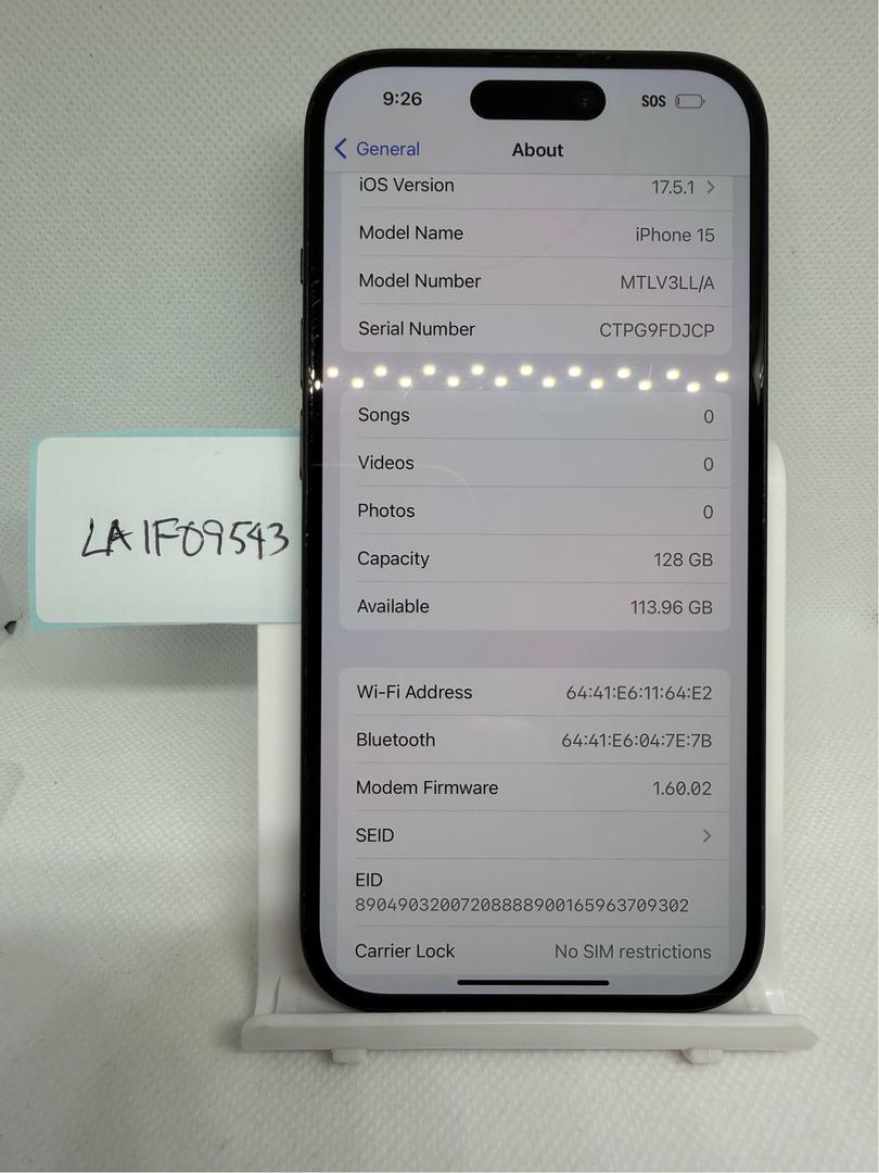Apple iPhone 15 - Unlocked, 128GB, Black, A2846 - LAIF09543 - Swappa
