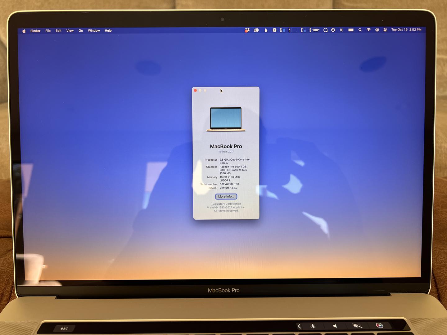 MacBook Pro 2017 (With Touch Bar) - 15", color Silver