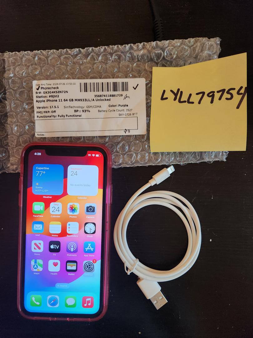 Apple iPhone 11 Unlocked, Purple, 64GB, A2111 LYLL79754 Swappa